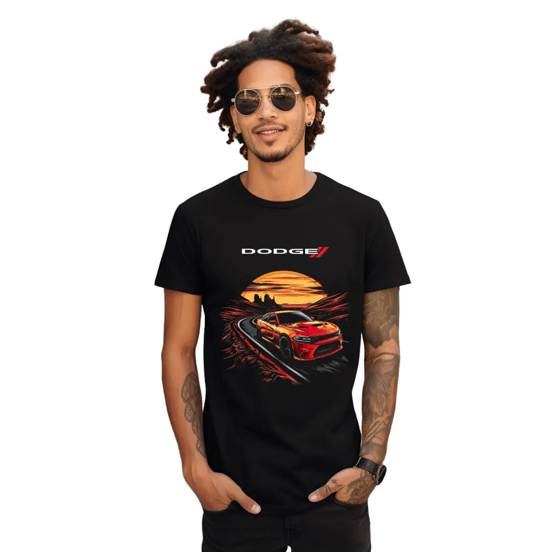 Ride into the Sunset: Dodge Charger Countryside Black T-Shirt - Black Threadz