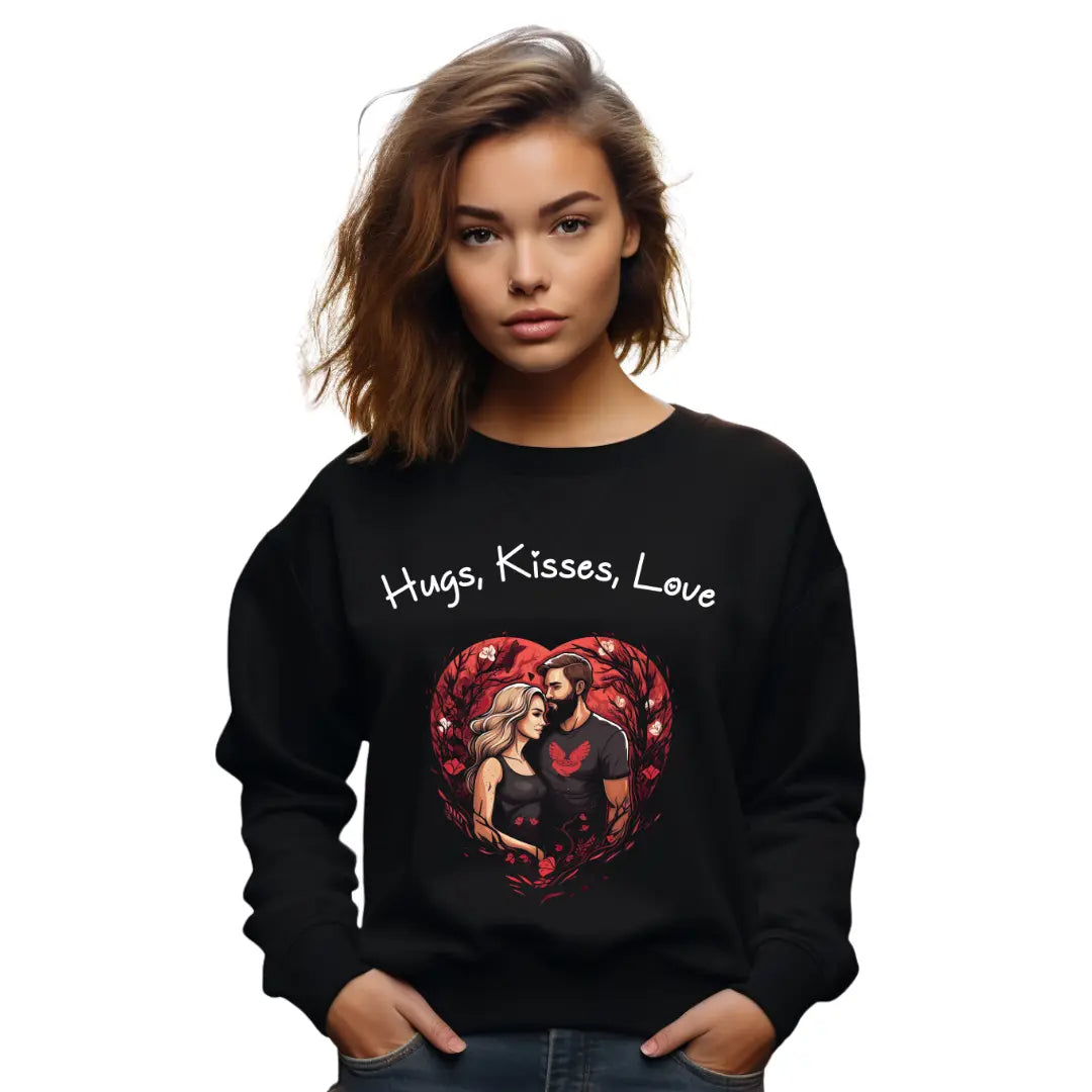 Hugs, Kisses, Love: Valentine's Day Sweatshirt for a Sweet Celebration - Black Threadz