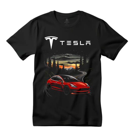 Sustainable Serenity: Tesla Model 3 in the Countryside T-Shirt - Black Threadz
