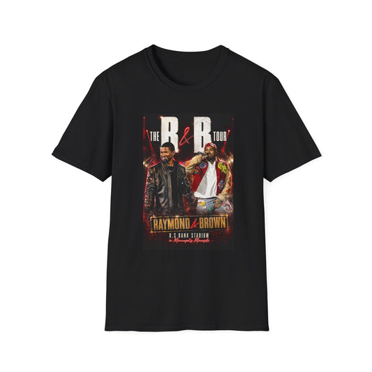 R&B Tour Raymond & Brown Minneapolis Minnesota concert t-shirt featuring two male R&B performers with neon stage lighting, bold urban streetwear design, and premium fan merch for Minneapolis concert attendees