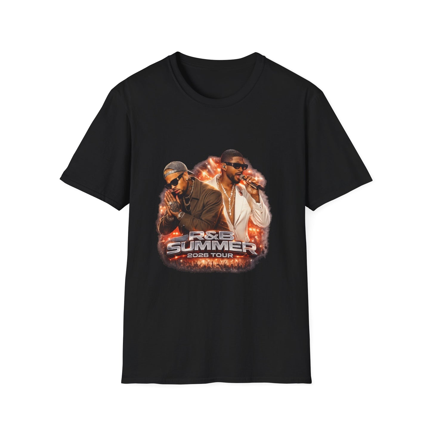 Stylish R&B Tour Raymond & Brown t-shirt with bold lettering, neon lighting accents, and high-end streetwear concert vibe