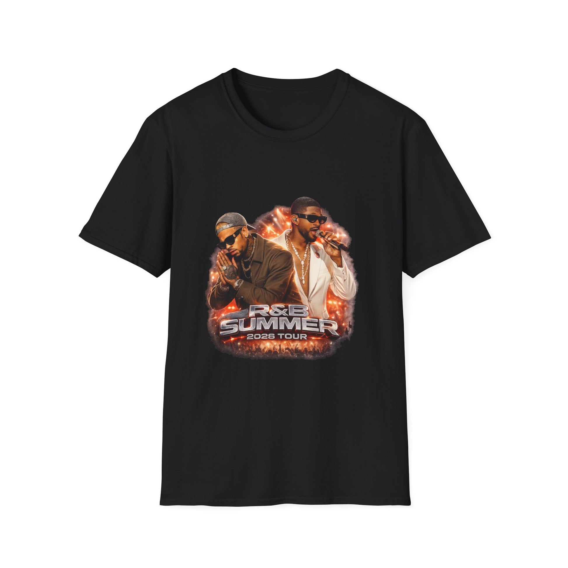 Stylish R&B Tour Raymond & Brown t-shirt with bold lettering, neon lighting accents, and high-end streetwear concert vibe