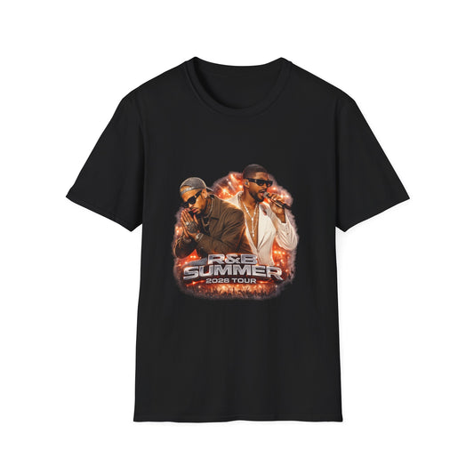 Stylish R&B Tour Raymond & Brown t-shirt with bold lettering, neon lighting accents, and high-end streetwear concert vibe