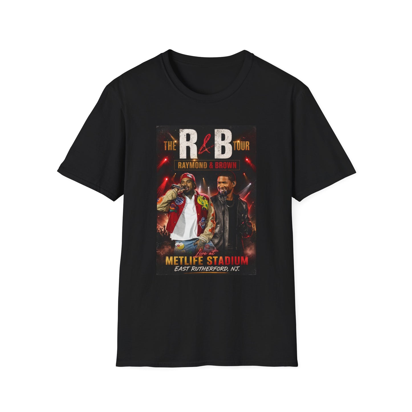 R&B Tour Raymond & Brown New Jersey concert t-shirt featuring two male R&B performers with neon stage lighting, bold urban streetwear design, and premium fan merch for New Jersey concert attendees