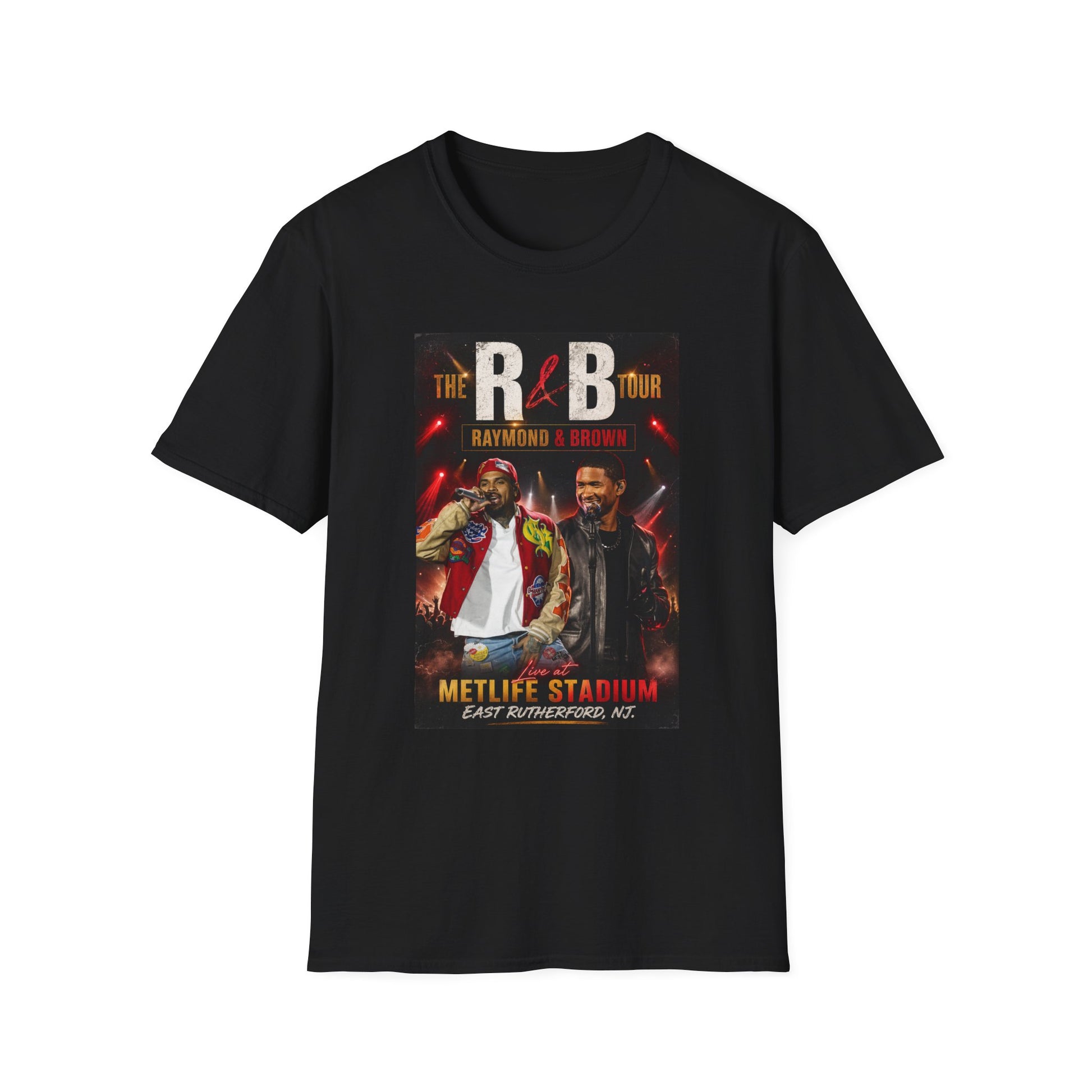 R&B Tour Raymond & Brown New Jersey concert t-shirt featuring two male R&B performers with neon stage lighting, bold urban streetwear design, and premium fan merch for New Jersey concert attendees