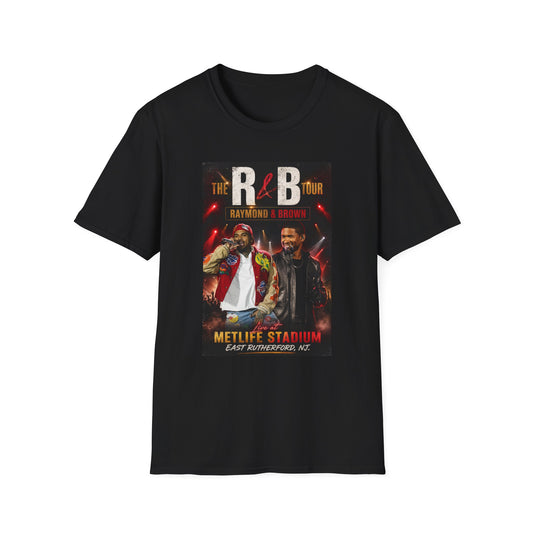 R&B Tour Raymond & Brown New Jersey concert t-shirt featuring two male R&B performers with neon stage lighting, bold urban streetwear design, and premium fan merch for New Jersey concert attendees