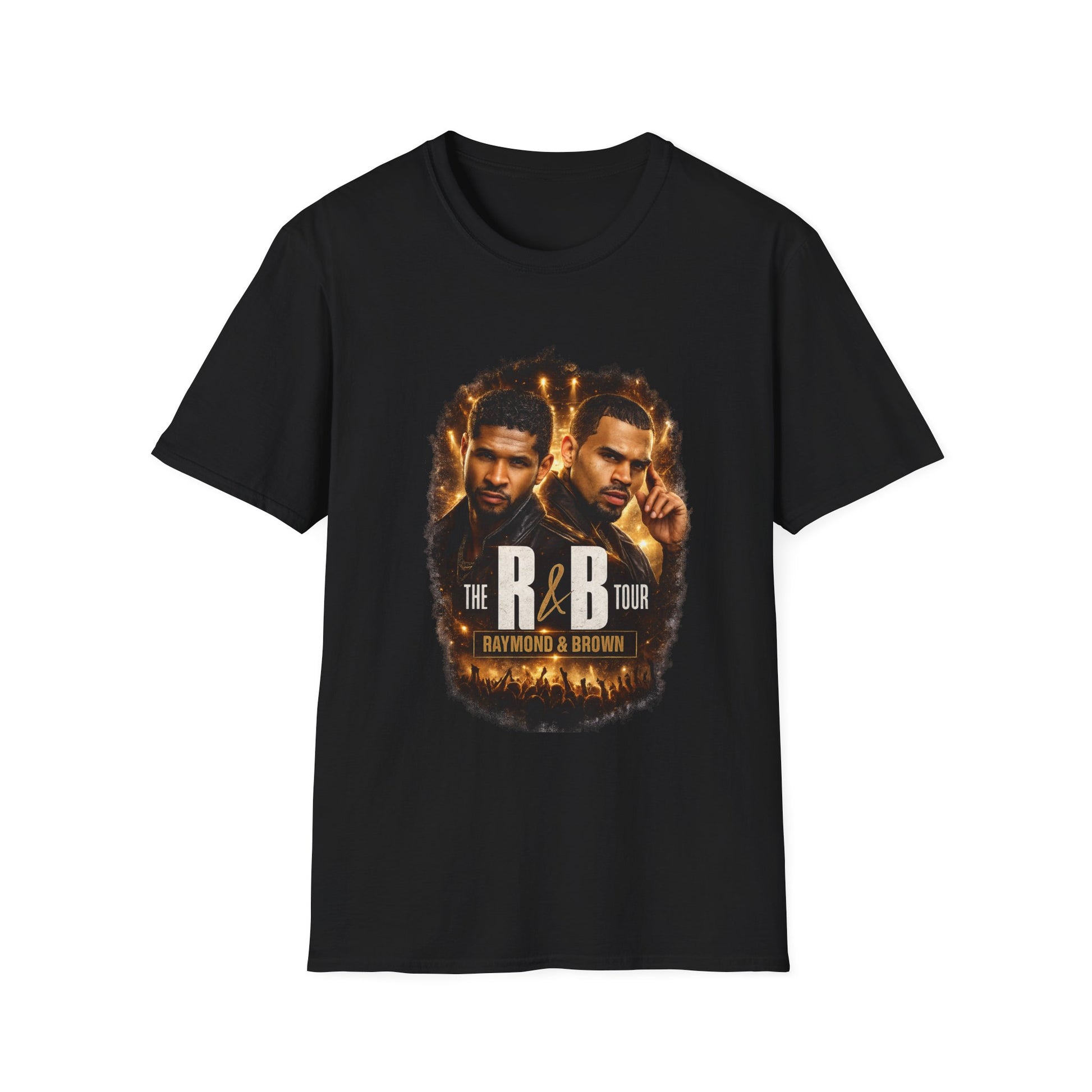 R&B Tour Raymond and Brown concert shirt with bold streetwear design, neon lighting effects, and modern urban typography for R&B music fans