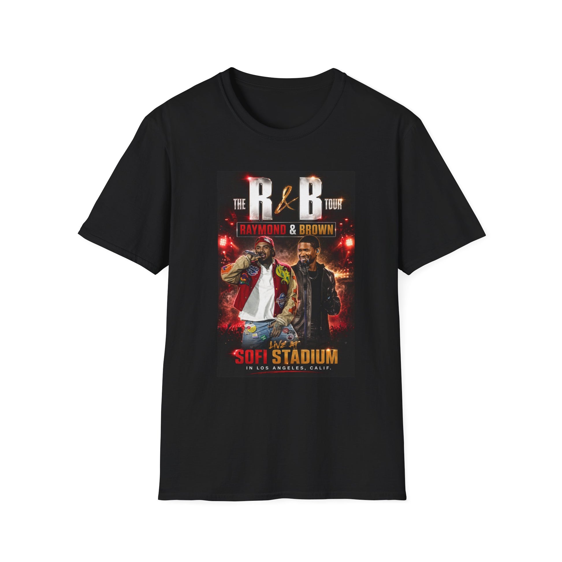 R&B Tour Raymond & Brown Los Angeles concert t-shirt featuring two male R&B performers with neon stage lighting, bold urban streetwear design, and premium fan merch for LA concert attendees