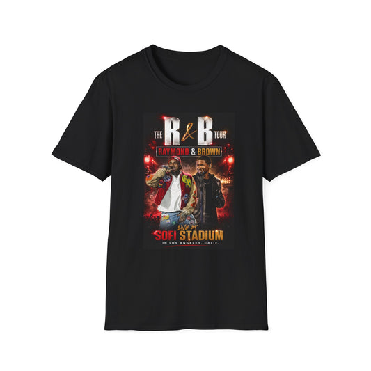 R&B Tour Raymond & Brown Los Angeles concert t-shirt featuring two male R&B performers with neon stage lighting, bold urban streetwear design, and premium fan merch for LA concert attendees