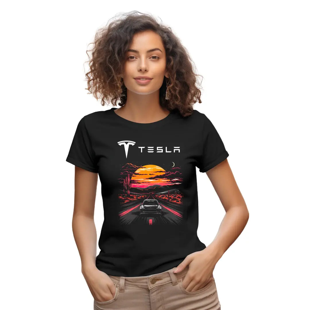 Electric Elegance: Tesla Model 3 on the Road T-Shirt - Black Threadz