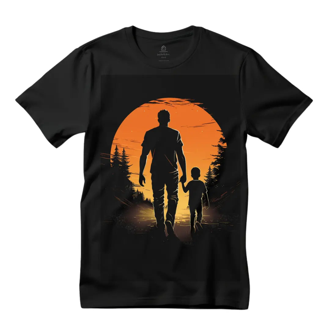 Heartfelt Silhouette: Black Father and Son Sunset Walk Graphic Tee - Black Threadz