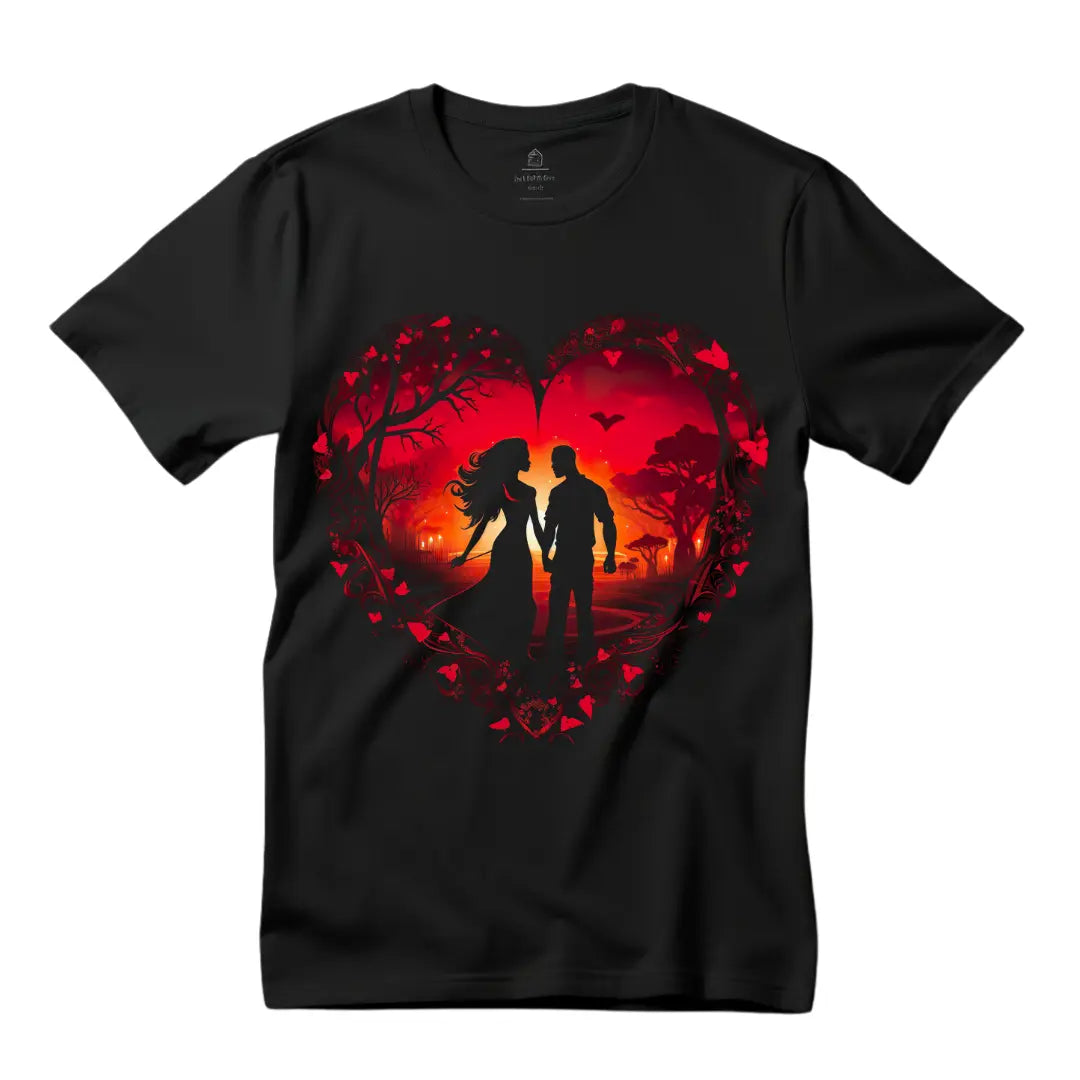 Love in the Sunset: Valentine's Day Couple T-Shirt | Romantic Heart Design - Black Threadz