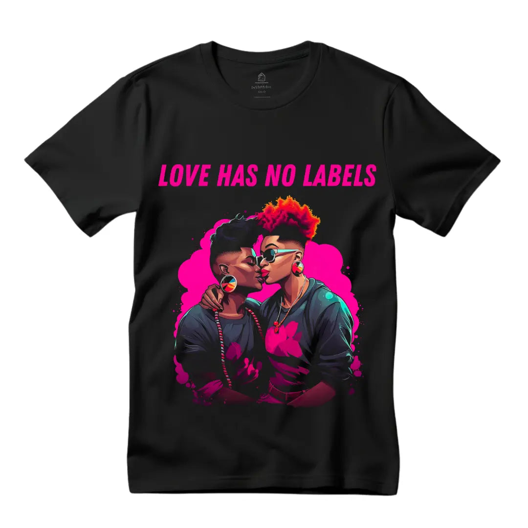 Love Has No Labels: Embraced Lesbian Black Couple T-Shirt - Black Threadz