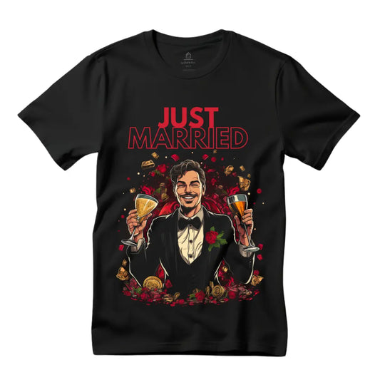 Just Married T-Shirt: Celebrate Love and New Beginnings - Black Threadz