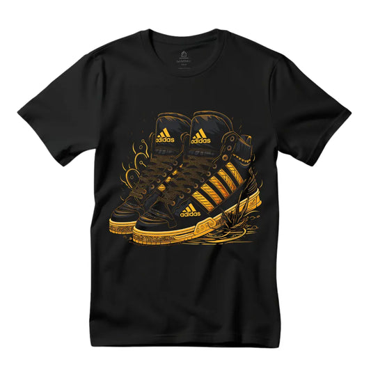 Gold and Black Adidas Sneakers Graphic Tee for Trendsetting Style - Black Threadz