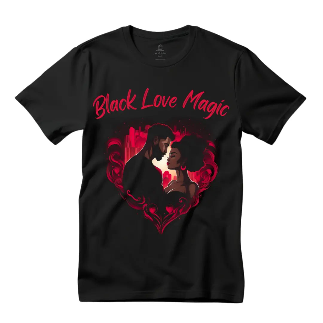Black Love Magic: Embraced Black Couple Valentine's Day T-Shirt for a Magical Celebration - Black Threadz