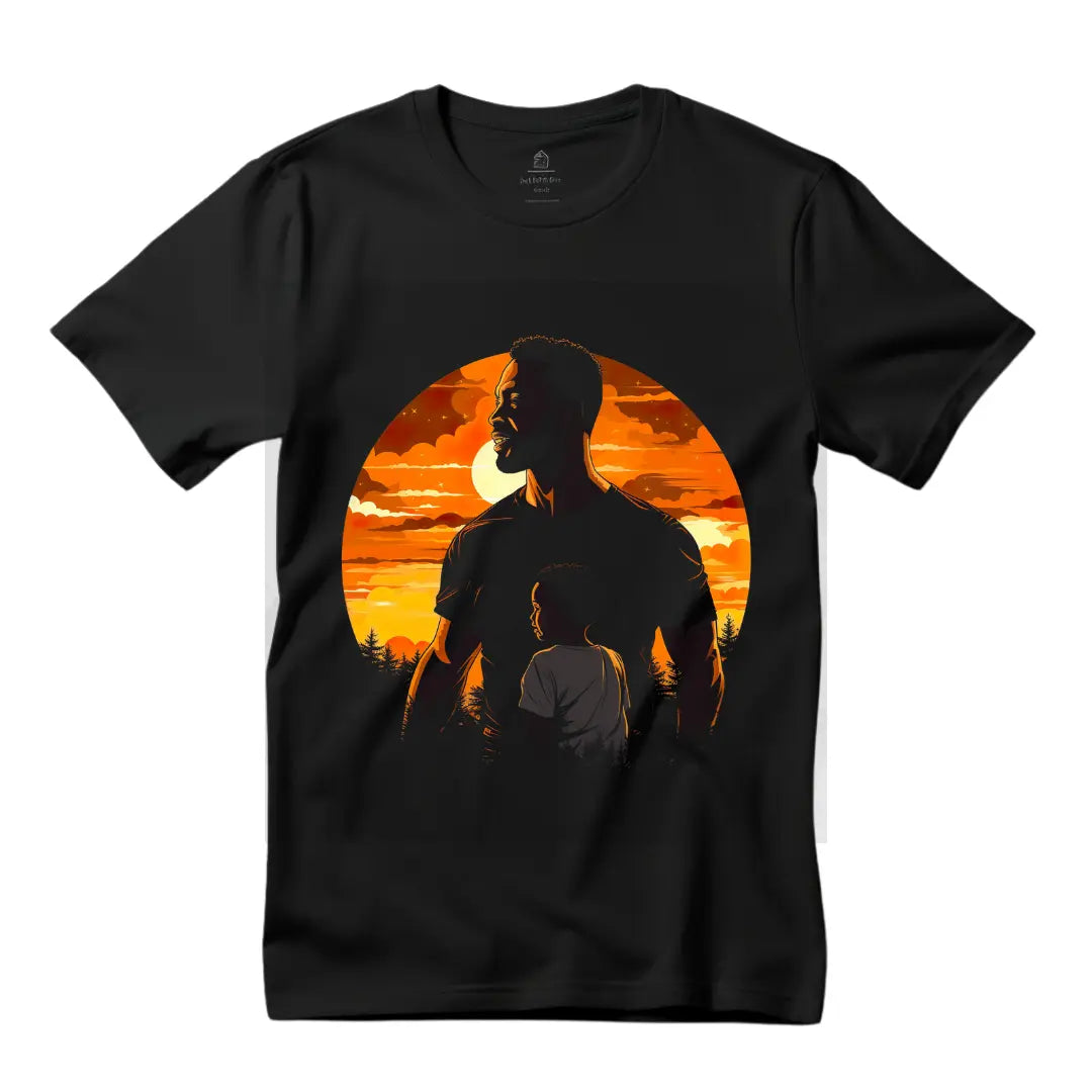 Heartwarming Silhouette: Black Father and Son Sunset Graphic Tee - Black Threadz