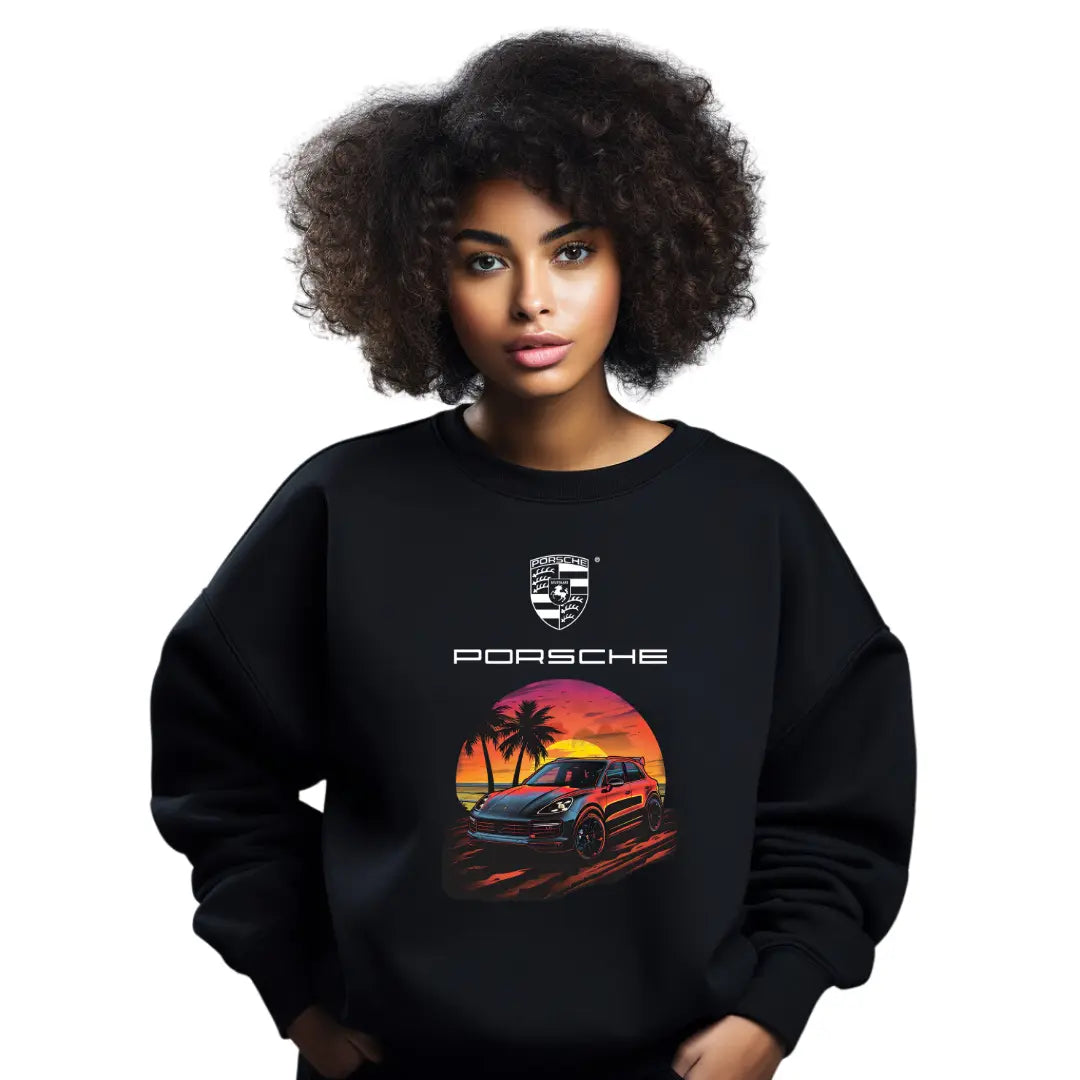 Cayenne Beach Sunset Sweatshirt - Stylish Black Top with Luxury SUV Design - Black Threadz