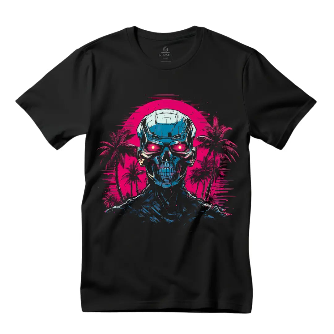 Evil Robot in Paradise T-Shirt: A Dystopian Twist on Paradise - Black Threadz