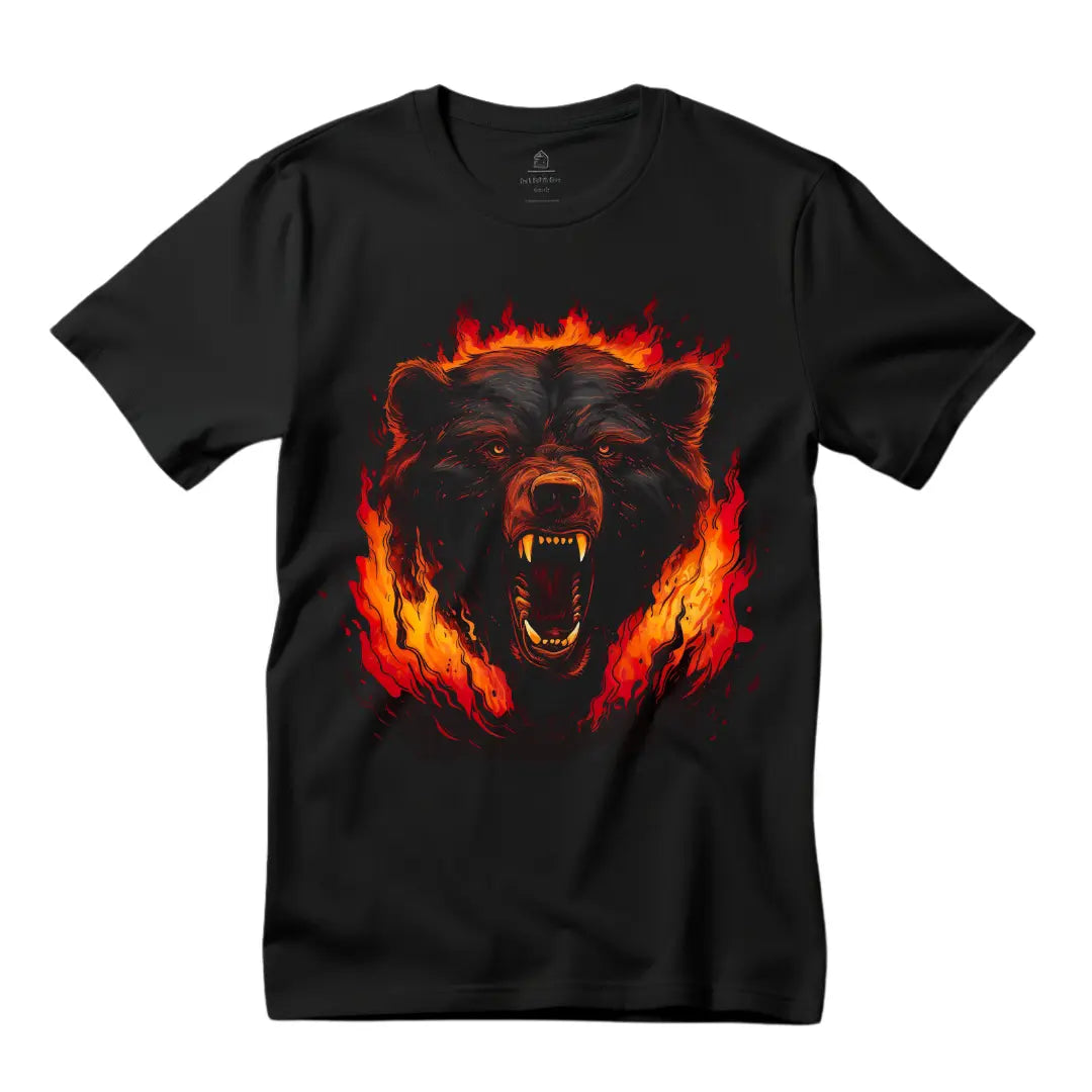 Bear Roaring Through Fire T-Shirt: Embrace the Wild - Black Threadz