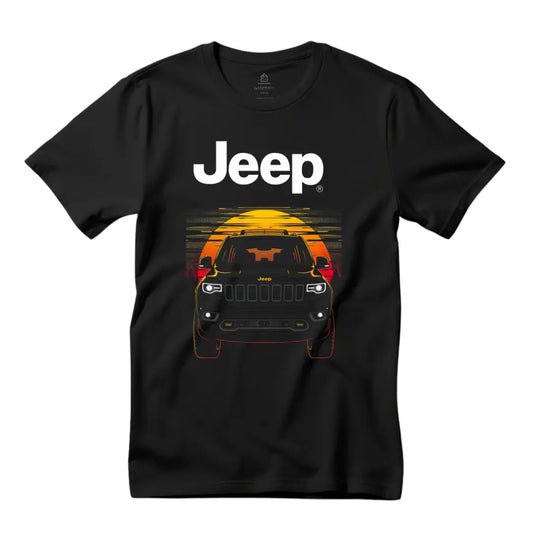 Grand Cherokee Sunset Silhouette T-Shirt - Premium Black Tee with Iconic Off-Road Vehicle Design" - Black Threadz