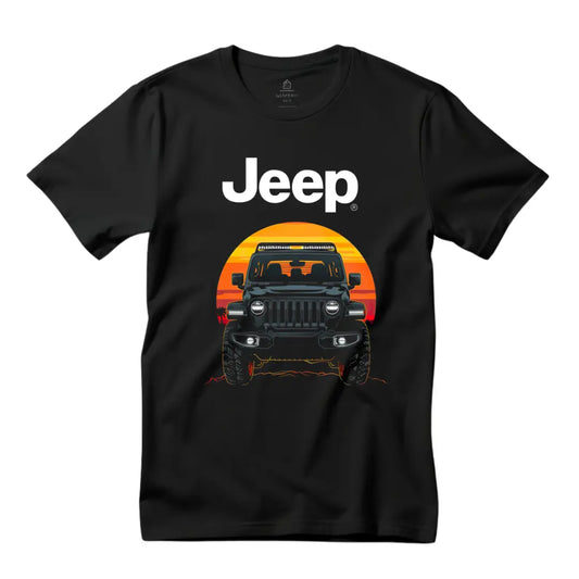 Wrangler Sunset Silhouette T-Shirt - Premium Black Tee with Iconic Off-Road Vehicle Design - Black Threadz
