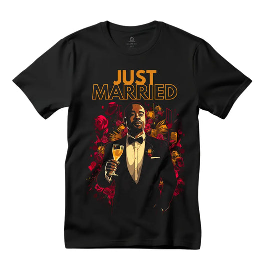 Just Married: Celebrating Love T-Shirt - Featuring a Black Groom - Black Threadz