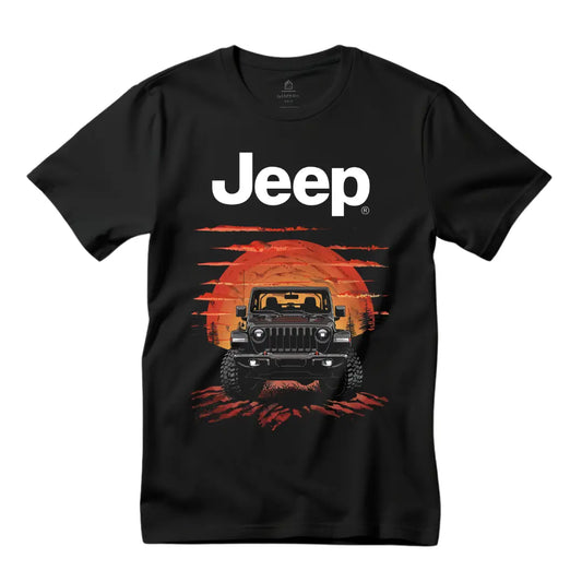 Wrangler Sunset Silhouette T-Shirt - Premium Black Tee with Iconic Off-Road Vehicle Design - Black Threadz