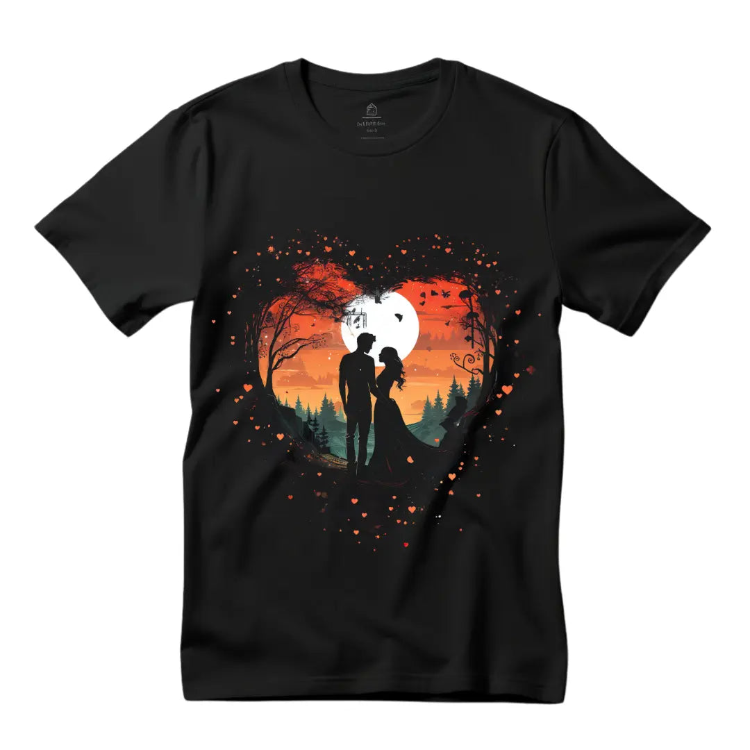 Heartfelt Embrace at Sunset: Valentine's Day Couple T-Shirt with Romantic Design - Black Threadz