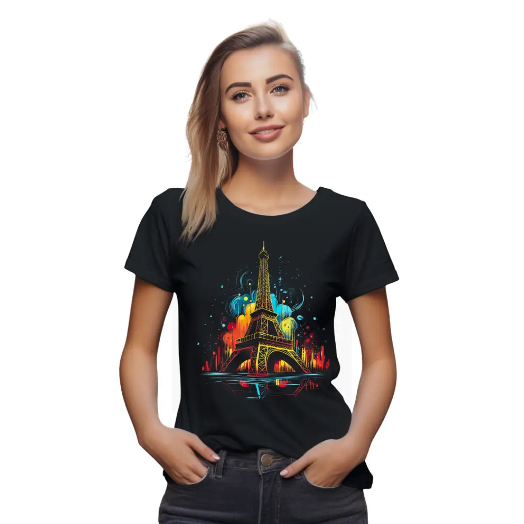 Colorful Eiffel Tower Expression T-Shirt: Parisian Flair in Vibrant Hues - Black Threadz