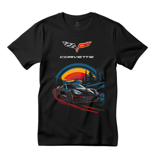 Mountain Sunset Drive: Chevrolet Corvette Black T-Shirt - Black Threadz