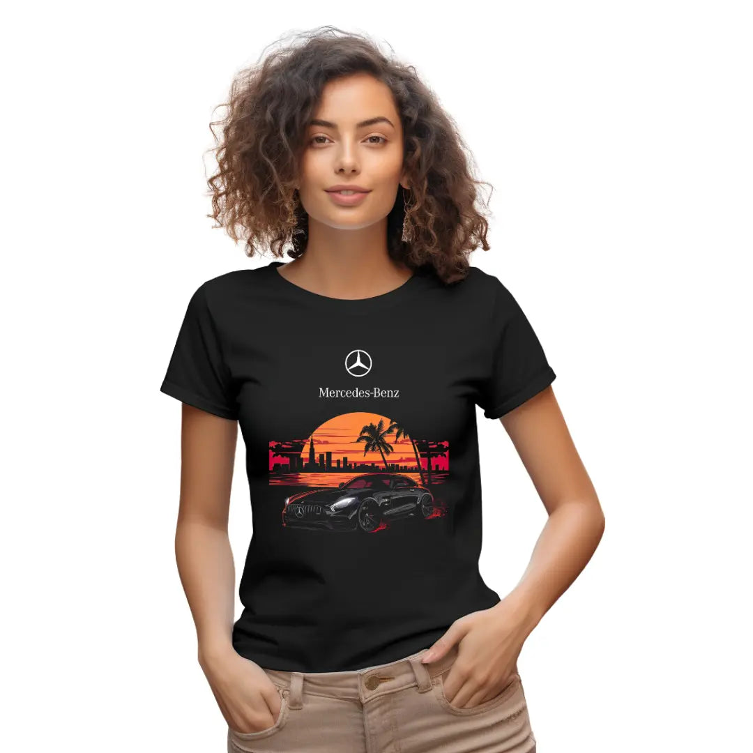 Sundown Splendor: Mercedes SL Roadster on Beach with City Silhouette T-Shirt - Black Threadz