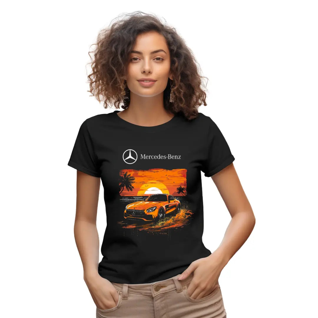 Sunset Serenity: Mercedes SL Roadster on Beach T-Shirt - Black Threadz