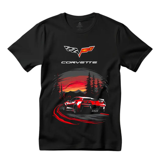 Sundown Drive: Chevrolet Corvette Sunset Black T-Shirt - Black Threadz