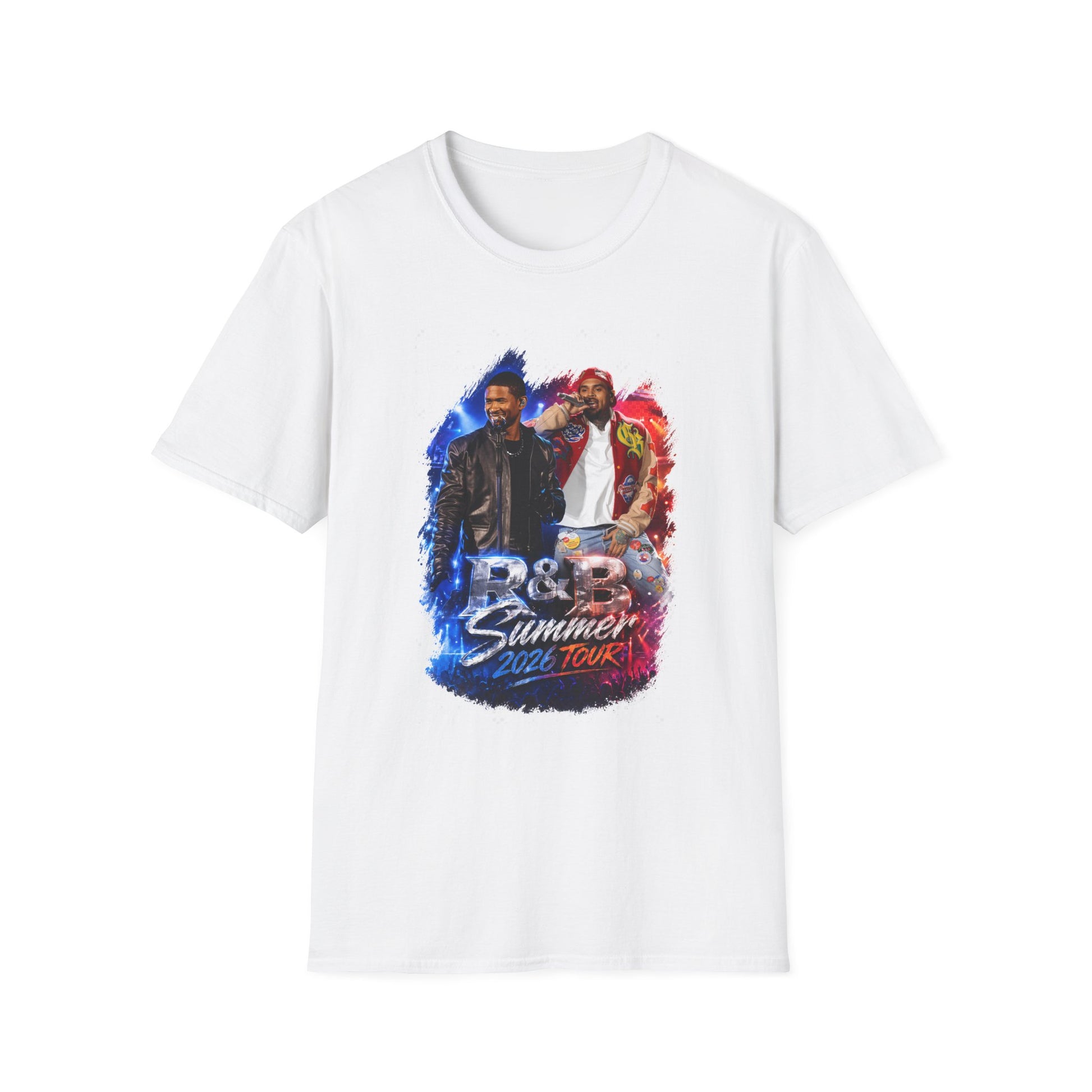 R&B Tour Raymond and Brown concert shirt with bold streetwear design, neon lighting effects, and modern urban typography for R&B music fans