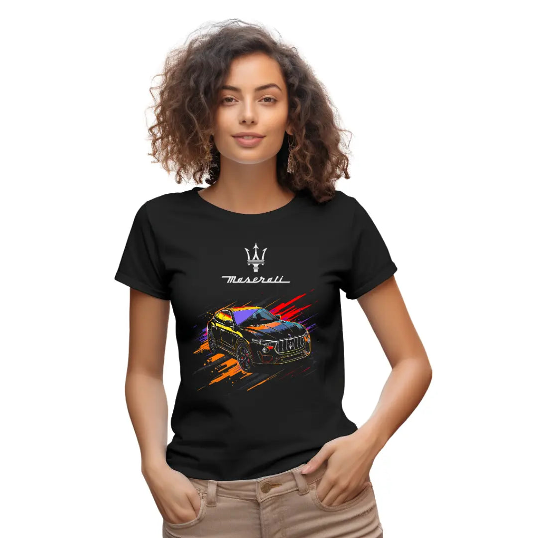 Vibrant Luxury: Abstract Colorful Maserati Levante T-Shirt - Black Threadz