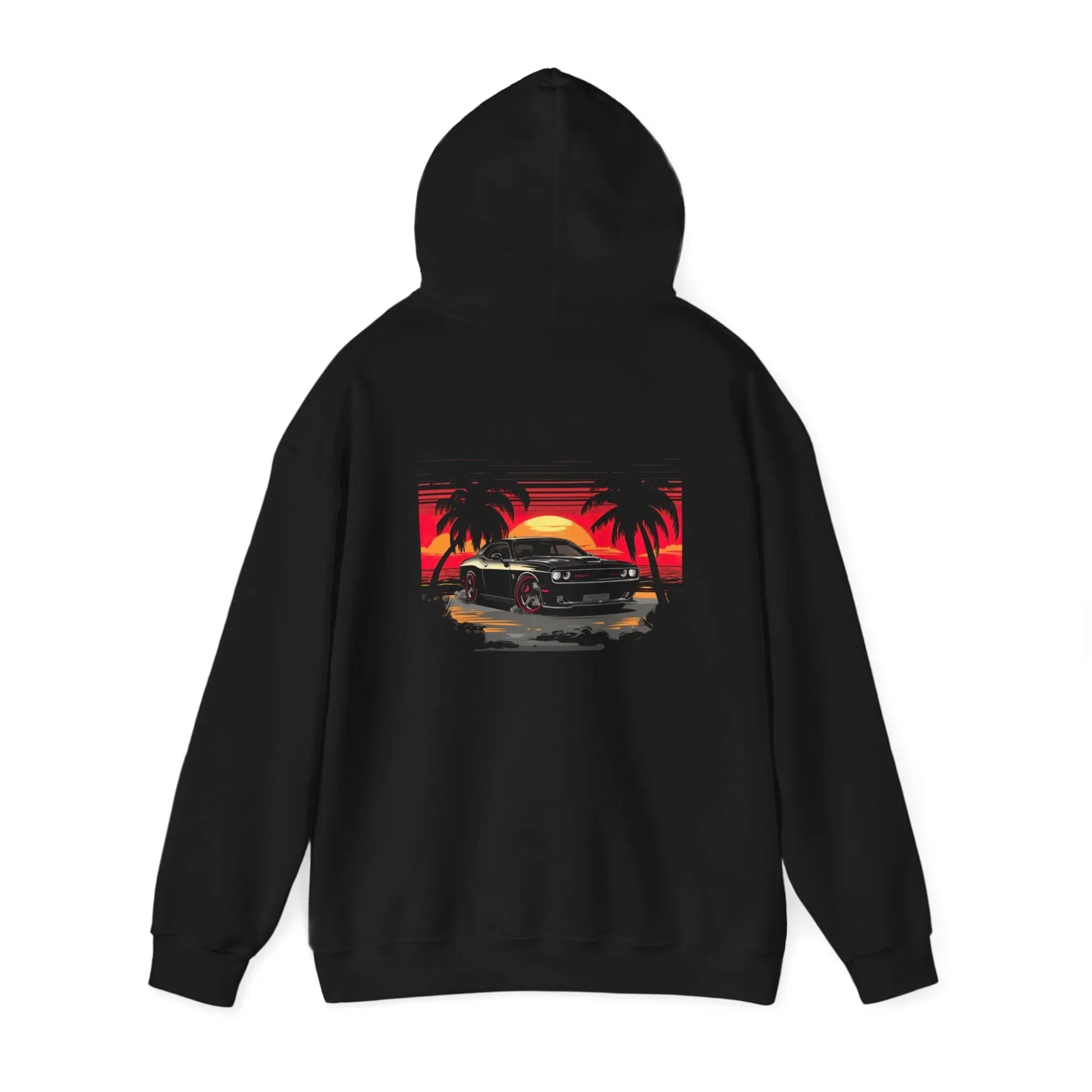 Embrace the Coastal Charm: Black Dodge Challenger on Beach Black Hoodie - Black Threadz