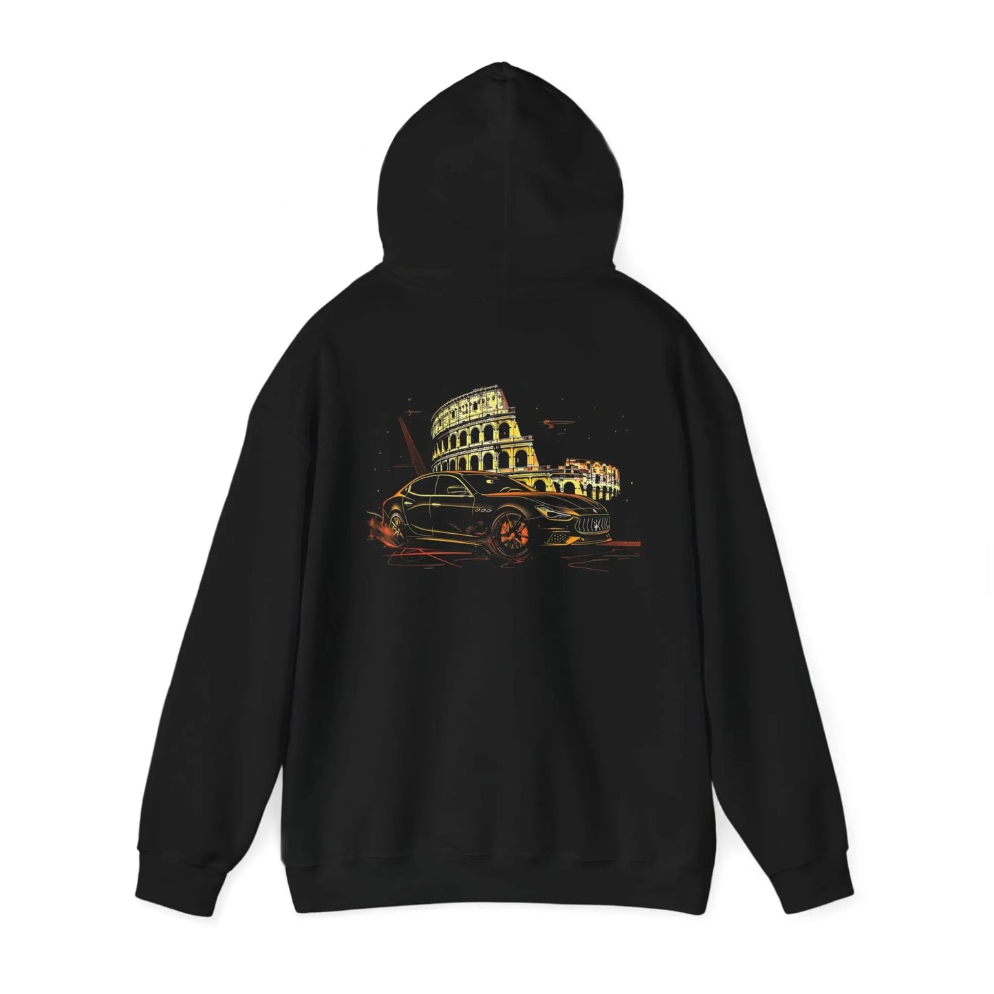 Iconic Elegance: Black Maserati Ghibli Hoodie at  the Colosseum - Black Threadz