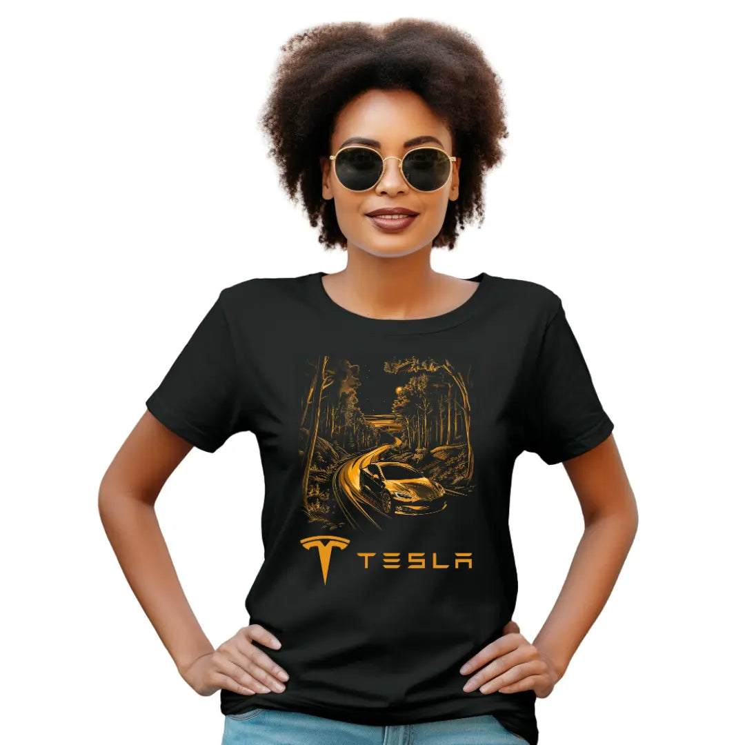 Sustainable Adventure: Tesla Model S on the Countryside T-Shirt - Black Threadz