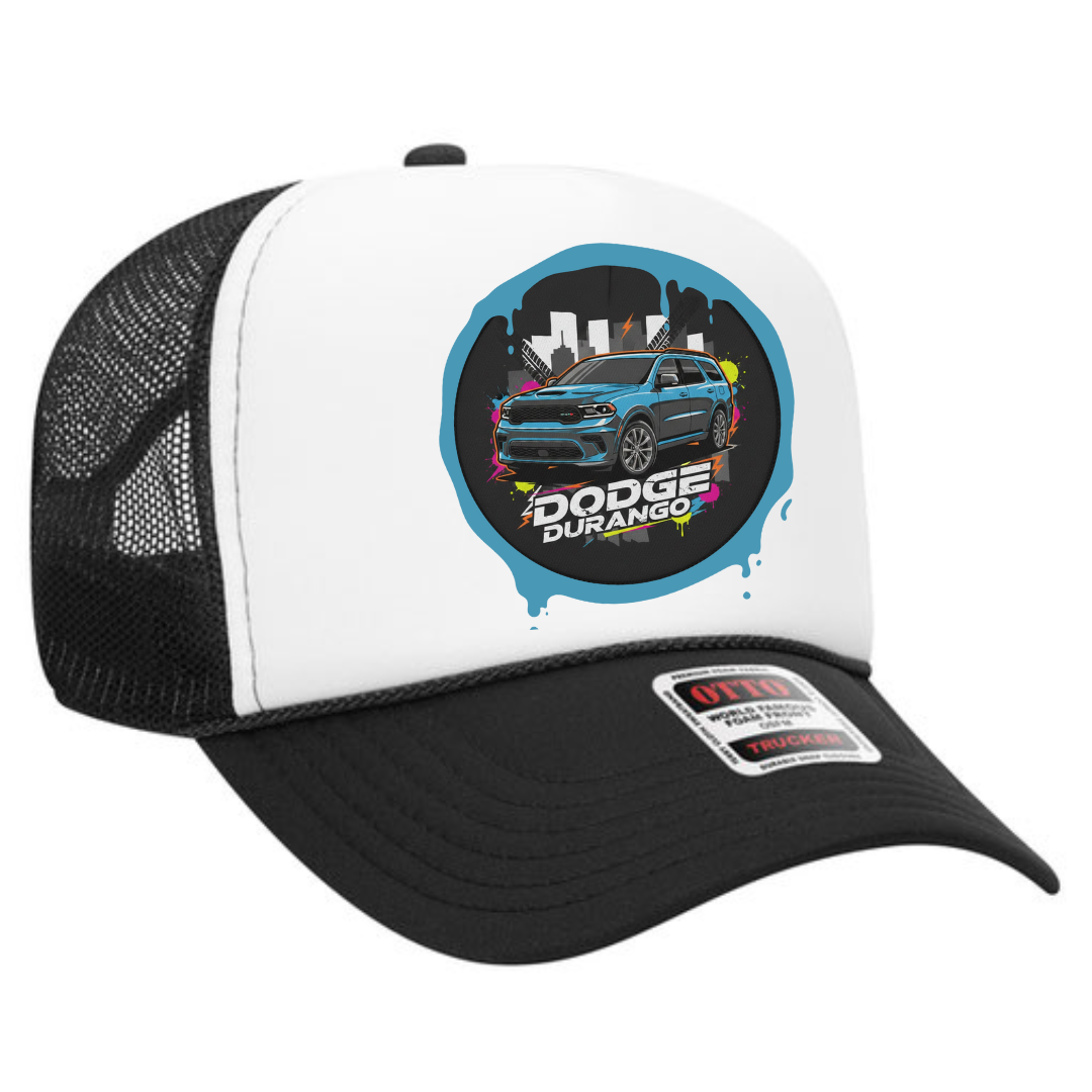 Side angle of Dodge Durango snapback trucker hat showing structured front panel