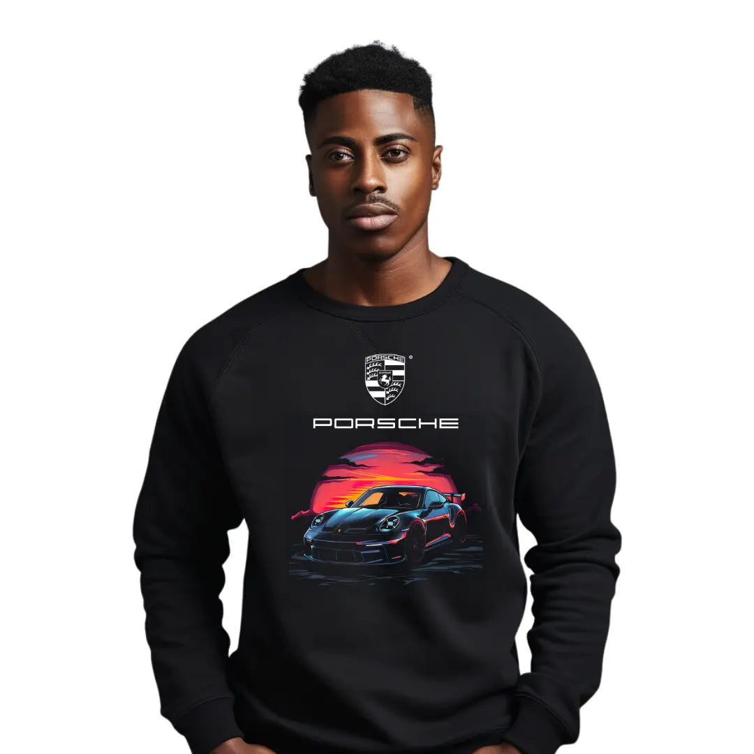 911 Sunset Silhouette Sweatshirt - Stylish Black Top with Iconic Sports Car Design - Black Threadz