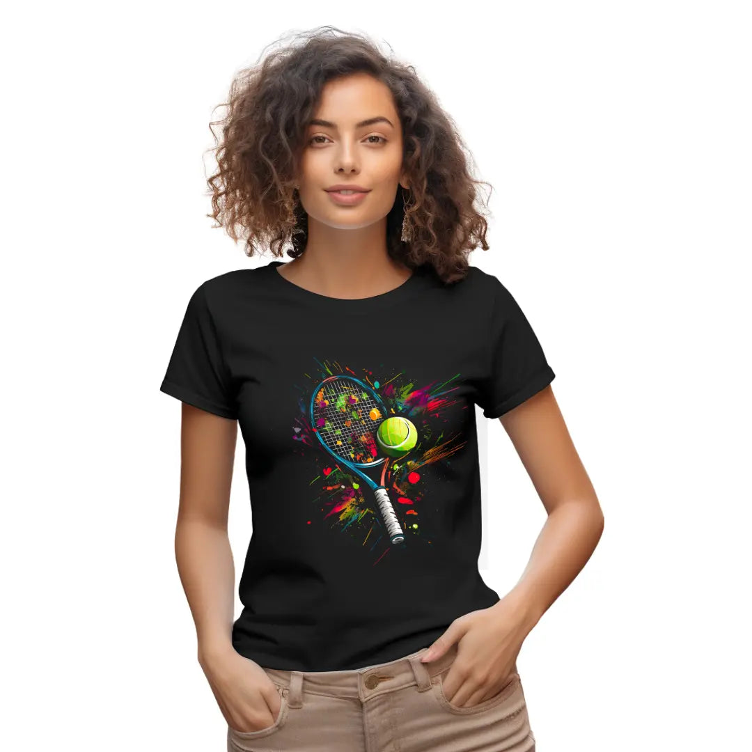 Colorful Tennis Racket T-Shirt: Embrace Sporty Style in Full Swing - Black Threadz