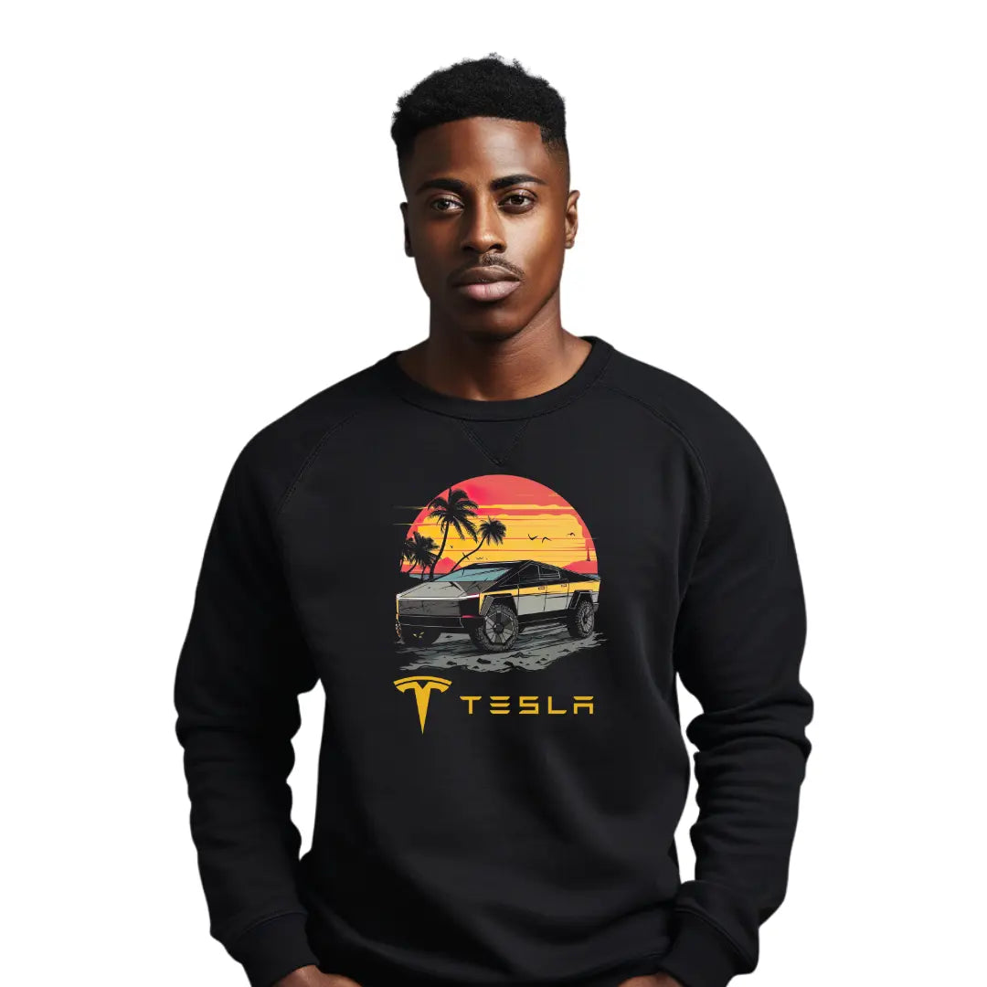 Cybertruck Cityscape Sweatshirt - Premium Black Top with Electric Vehicle Design - Black Threadz