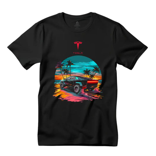 Cybertruck Beach Adventure Tee - Premium Black Shirt with Electric Vehicle Design - Black Threadz