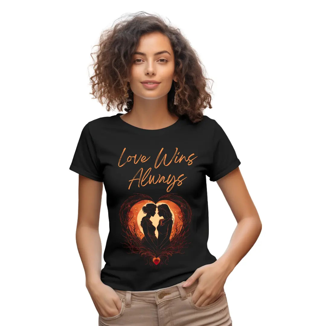Love Always Wins: Lesbian Couple Valentine's Day T-Shirt Celebrating Eternal Love - Black Threadz