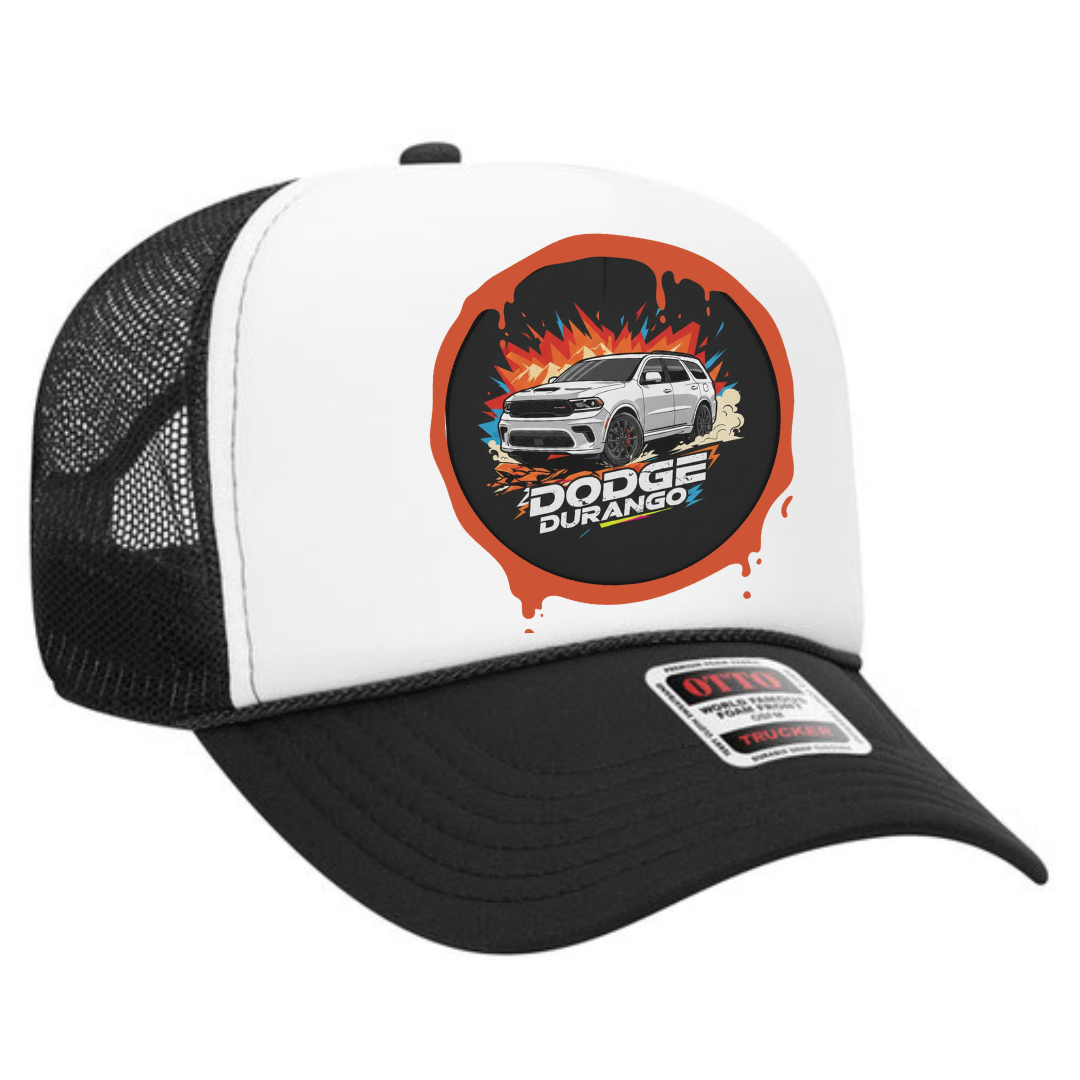 Side angle of Dodge Durango snapback trucker hat showing structured front panel