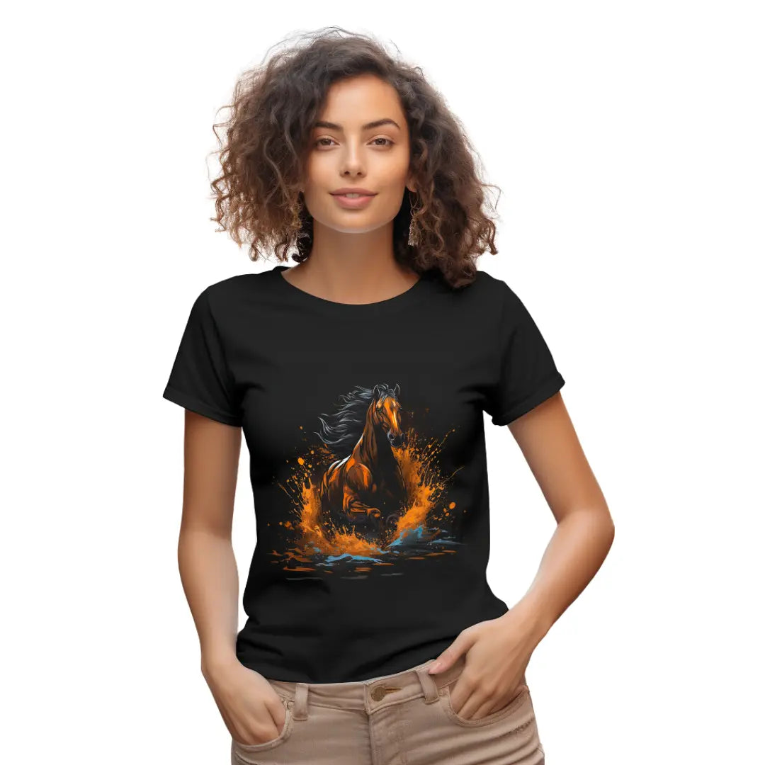 Horse Running Through Water T-Shirt: Embrace Majestic Beauty in Motion - Black Threadz
