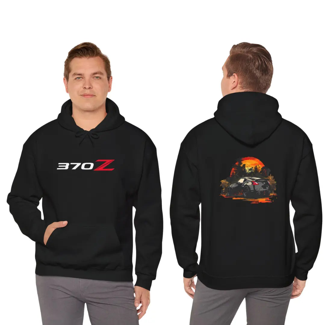 Sunset Serenity: Nissan 370 in a Field Black Hoodie - Black Threadz