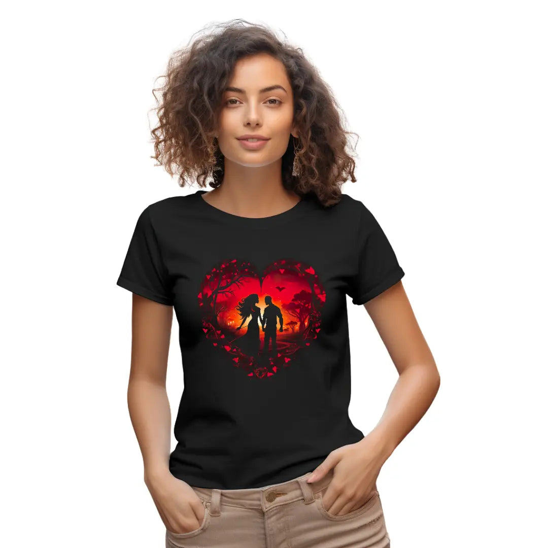 Love in the Sunset: Valentine's Day Couple T-Shirt | Romantic Heart Design - Black Threadz