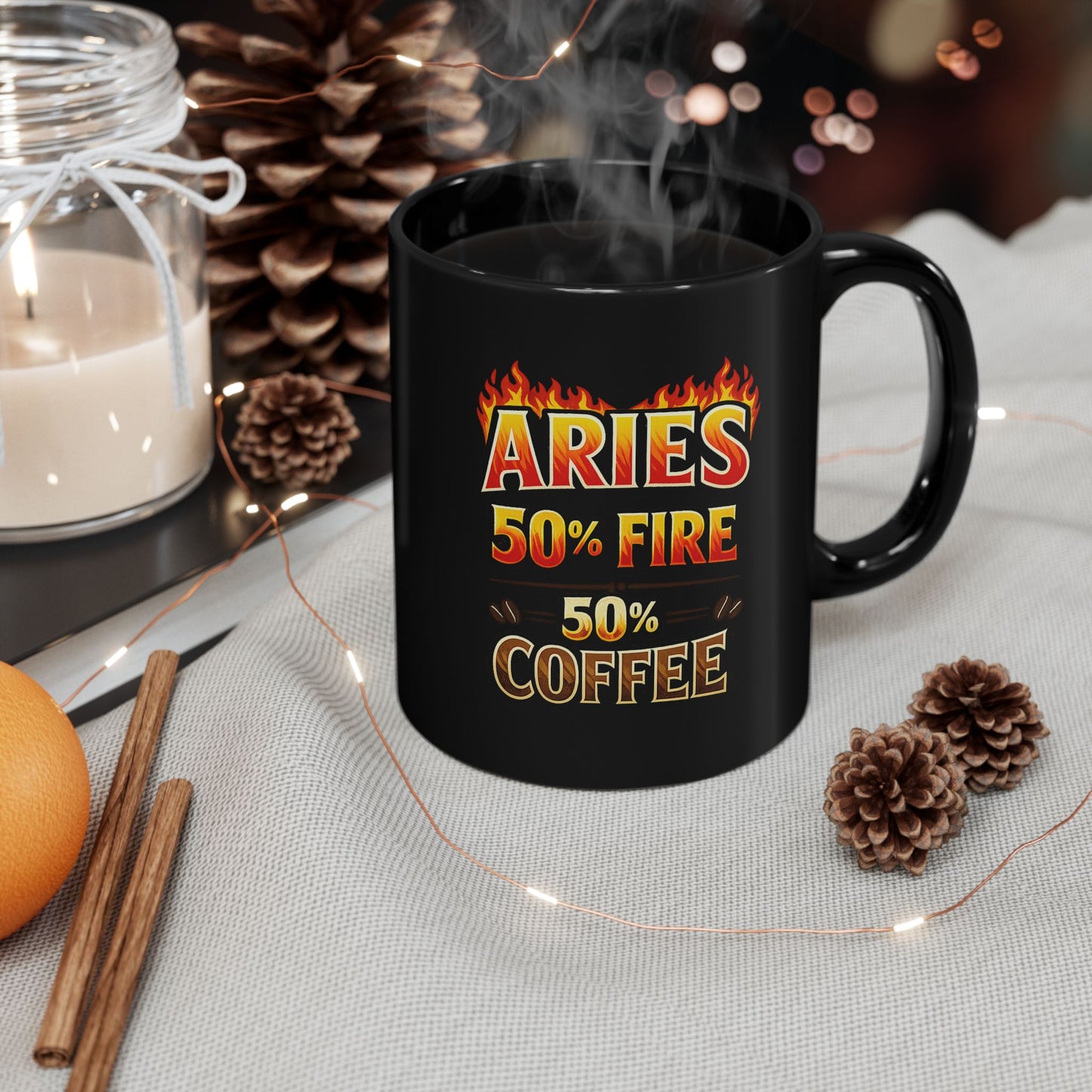 Aries 50% Fire 50% Coffee Black Ceramic Mug (Astrology Gift)